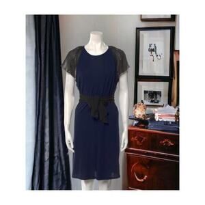 RED VALENTINO Dress Crochet Detail Tie Belt Sash Size XS Knee Midi Blue‎ Black